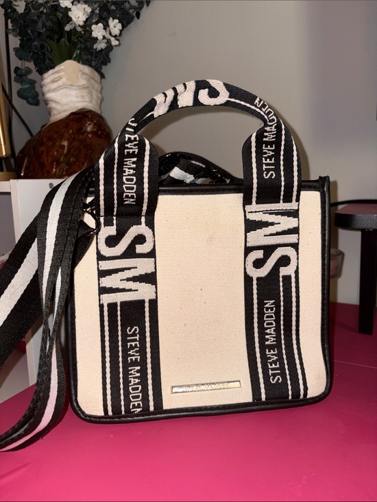 Steve Madden Handbags - Steve Madden Black & Cream Canvas Logo Tote Bag
